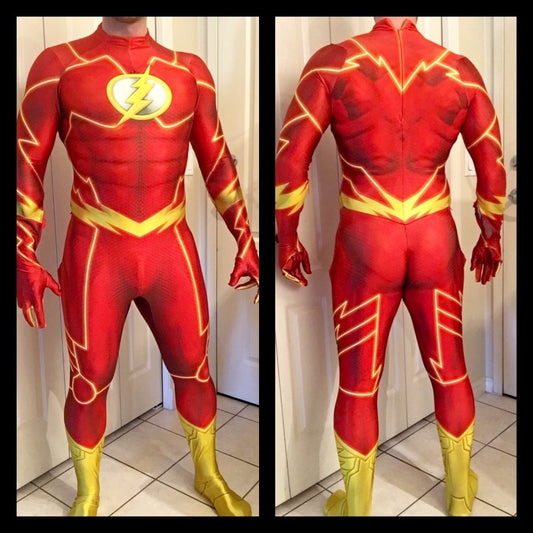 The Flash red spandex costume, close-fitting one-piece jumpsuit with lightning detail, adult and kids