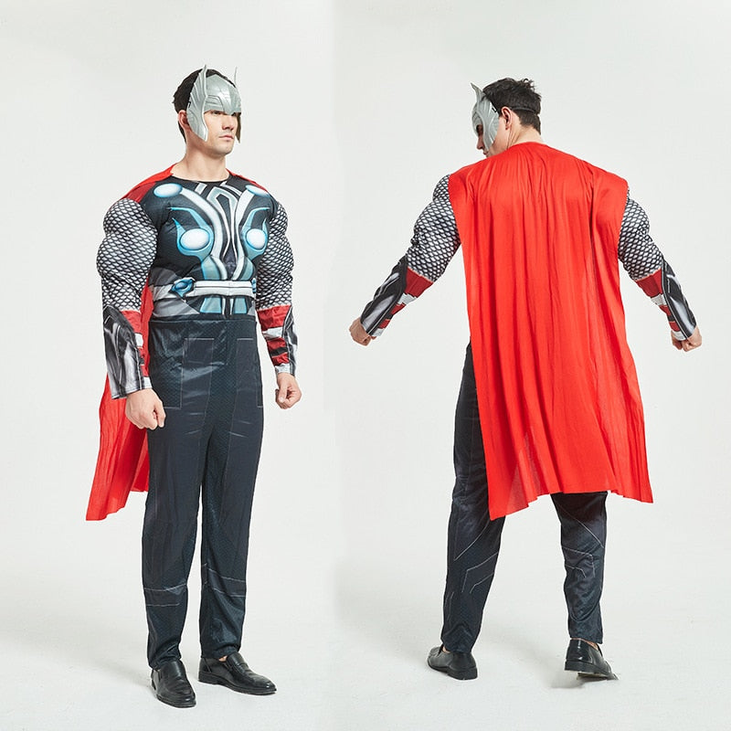 Thor costume set for men, armour-detail polyester jumpsuit with matching headgear, adult unisex fit