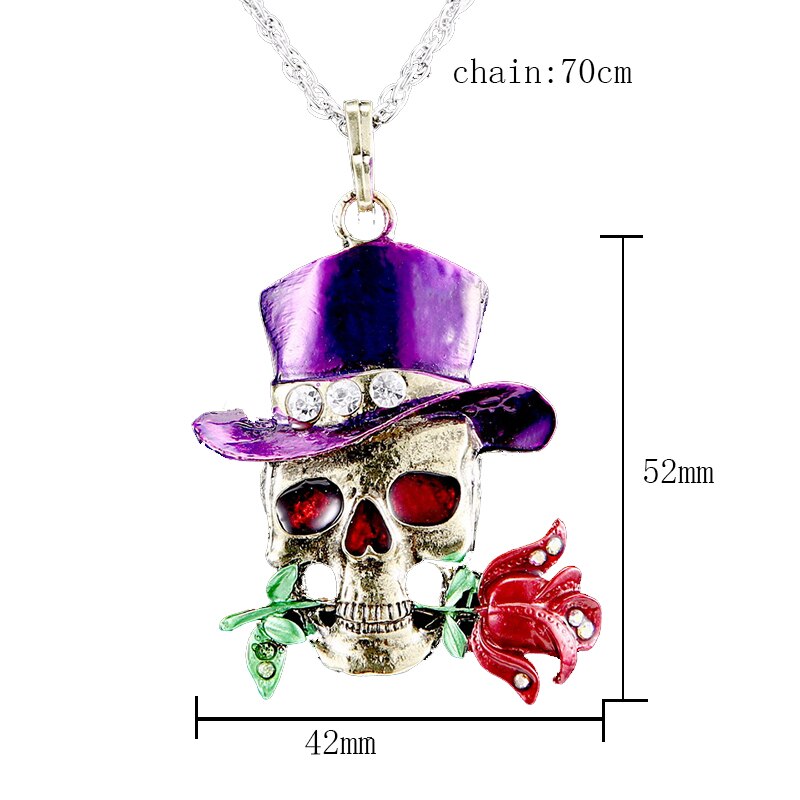 Retro Skull Head Rose Flower Pendant Necklace