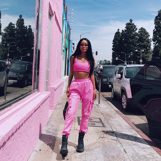 California Barbie Style Sexy Sports Casual Fluorescent Pink Vest + Cargo Jogger Pants Suit LKB-076