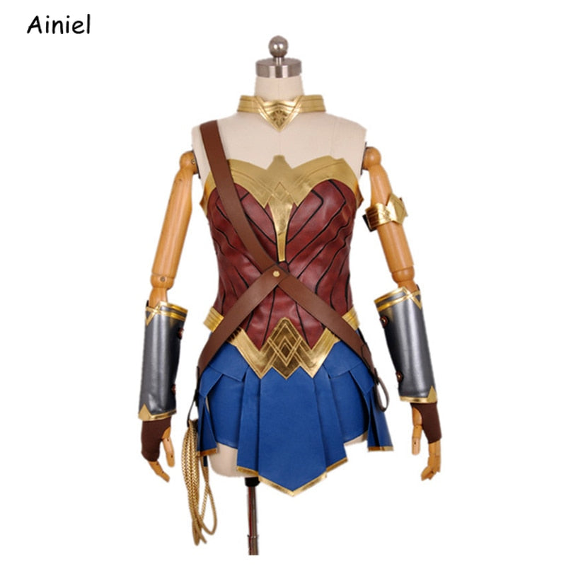 Wonder Woman costume in red and gold PU leather, structured bodice and skirt for women