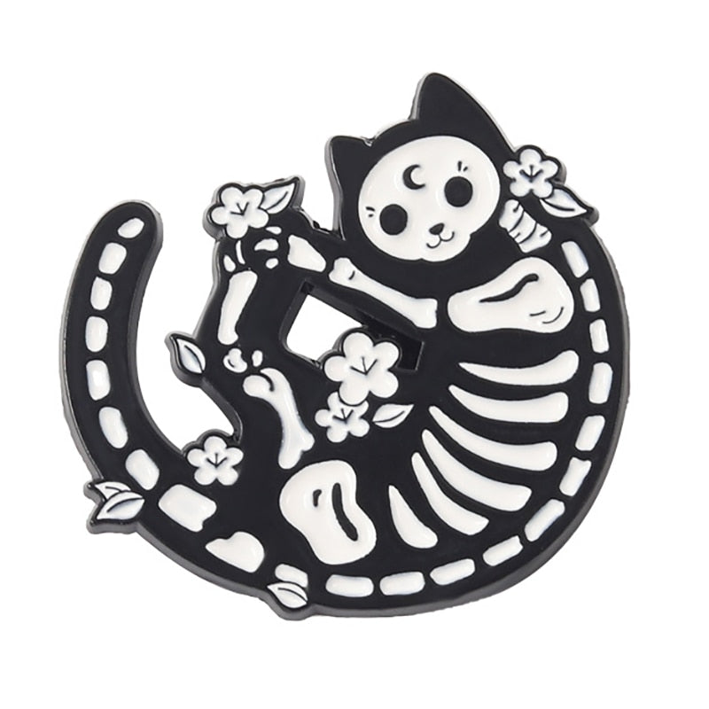 Funny Cat Skull Enamel Badge For Halloween