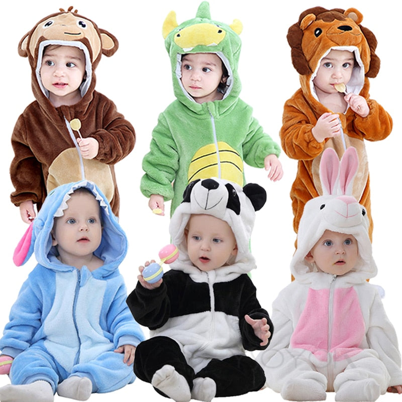 Toddler animal romper costumes with hoods and ears in leopard, panda and penguin designs