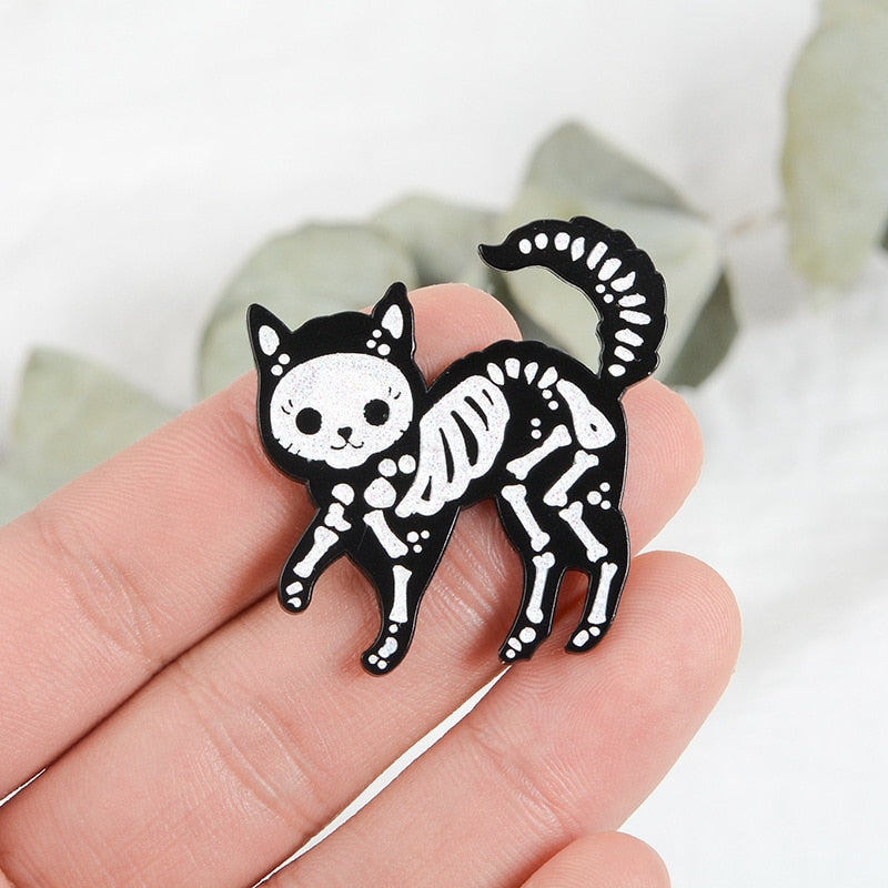 Funny Cat Skull Enamel Badge For Halloween