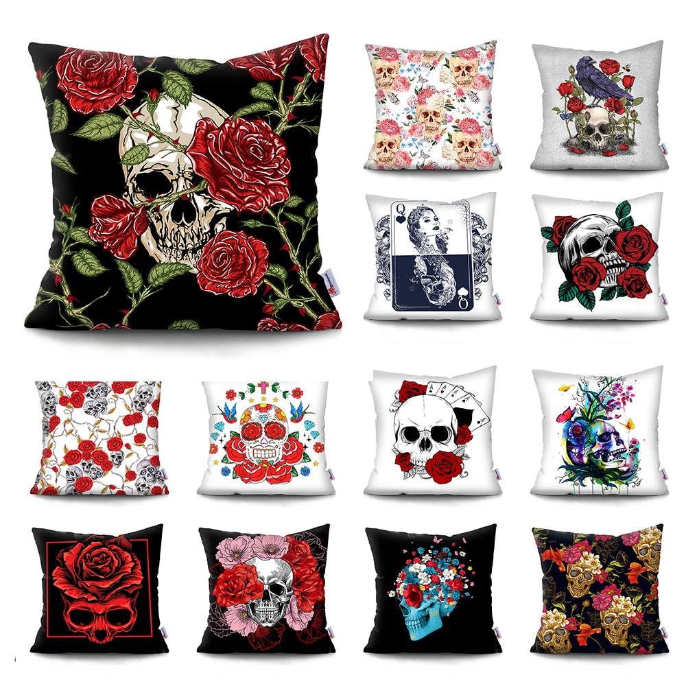 Halloween Skull Head Flowers Print Cushion Cover Throw Pillows Covers