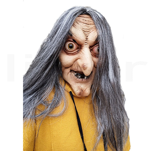 Scary Old Witch Mask Latex with Hair Halloween