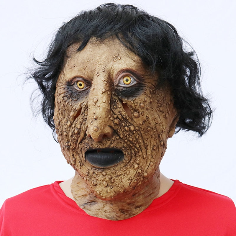 Latex Horror Face Halloween Mask with Black Hair
