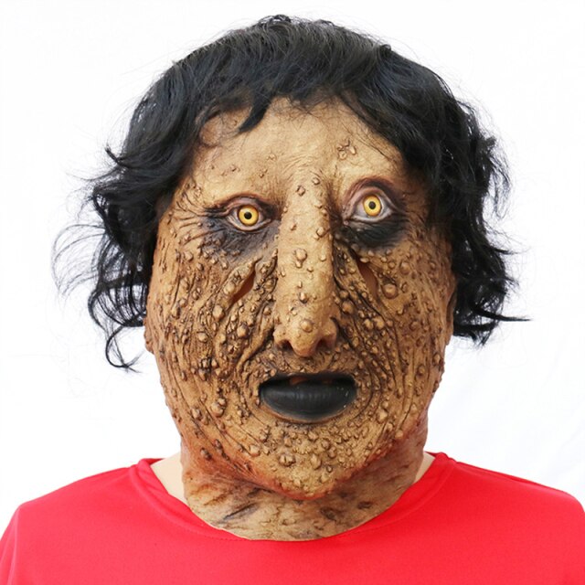 Latex Horror Face Halloween Mask with Black Hair