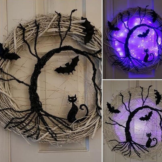 Happy Halloween Wreath With LED Light Up Black Bat