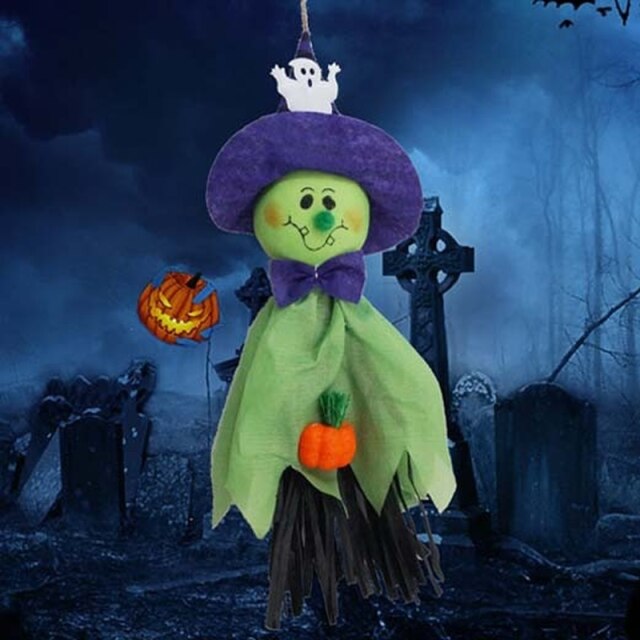 Hanging ghost decorations displayed for Halloween