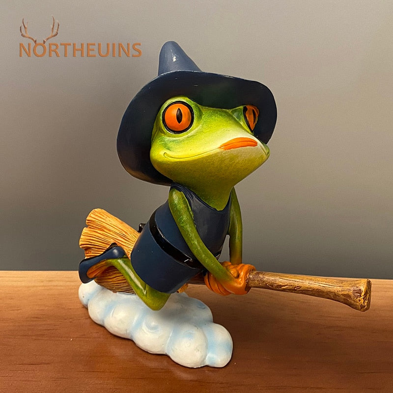 NORTHEUINS Resin Magic Witch Broom Frog Figurines