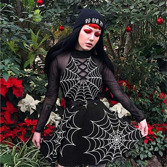 Halloween Black Slim High Waist Halter Lace-up Mini Dress for adults